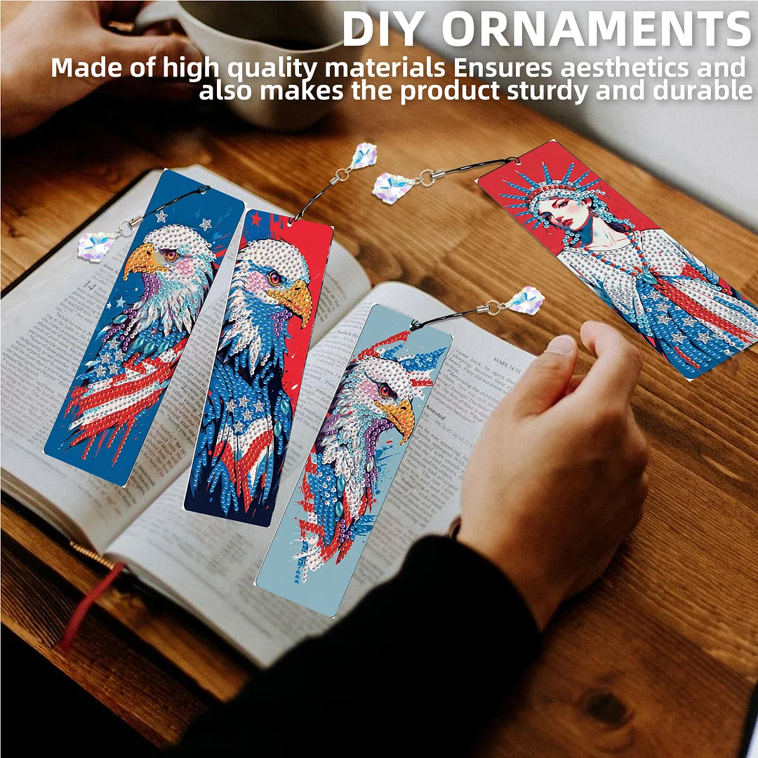 4Pcs Statue of Liberty and Eagle DIY Diamond Bookmark Art Projects Irregular Shaped Diamonds Diamond Painting Art Bookmarks with Crystal Pendants for DIY Making Beginners Adult Art Craft Supplies