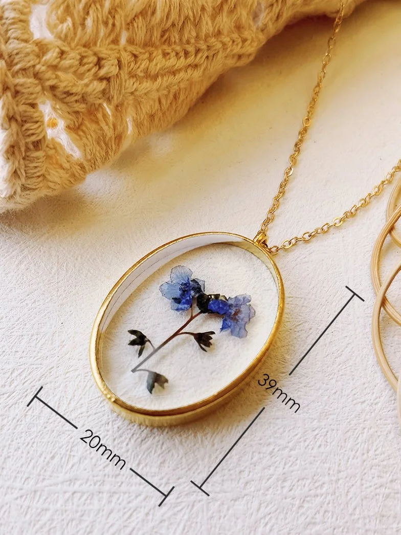 Pressed Flower Necklace -  Forget Me Not Flower Oval