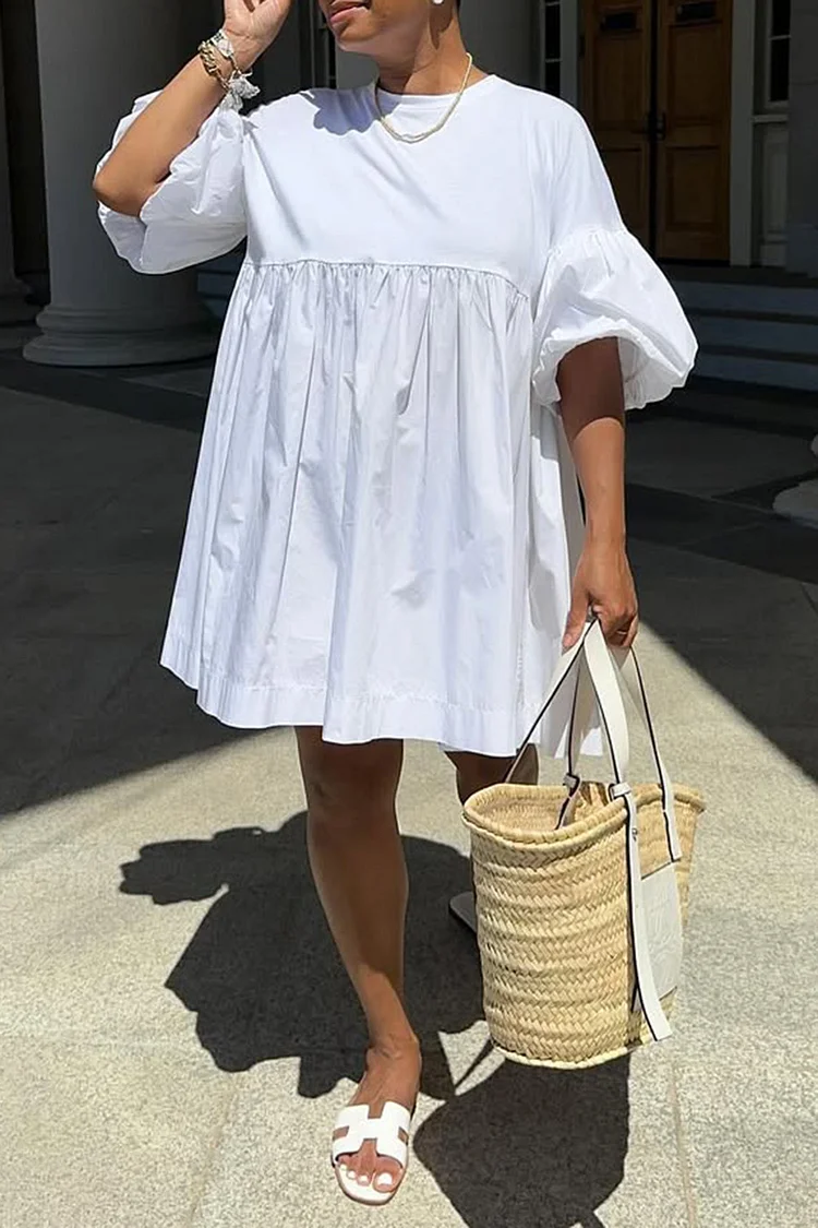 Plus Size Vacation White Casual Round Neck Lantern Sleeve Half Sleeve Mini Dresses