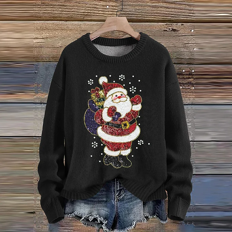 Comstylish Christmas Jewelry Art Santa Claus Print Knit Pullover Sweater