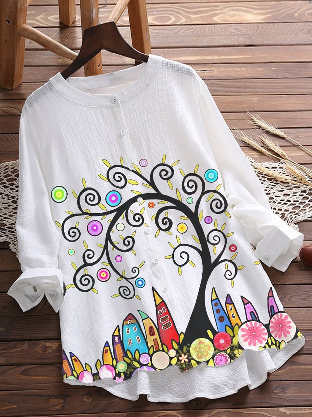 White Cotton-Blend Pastoral Floral-Print Shirts & Tops - VSMEE
