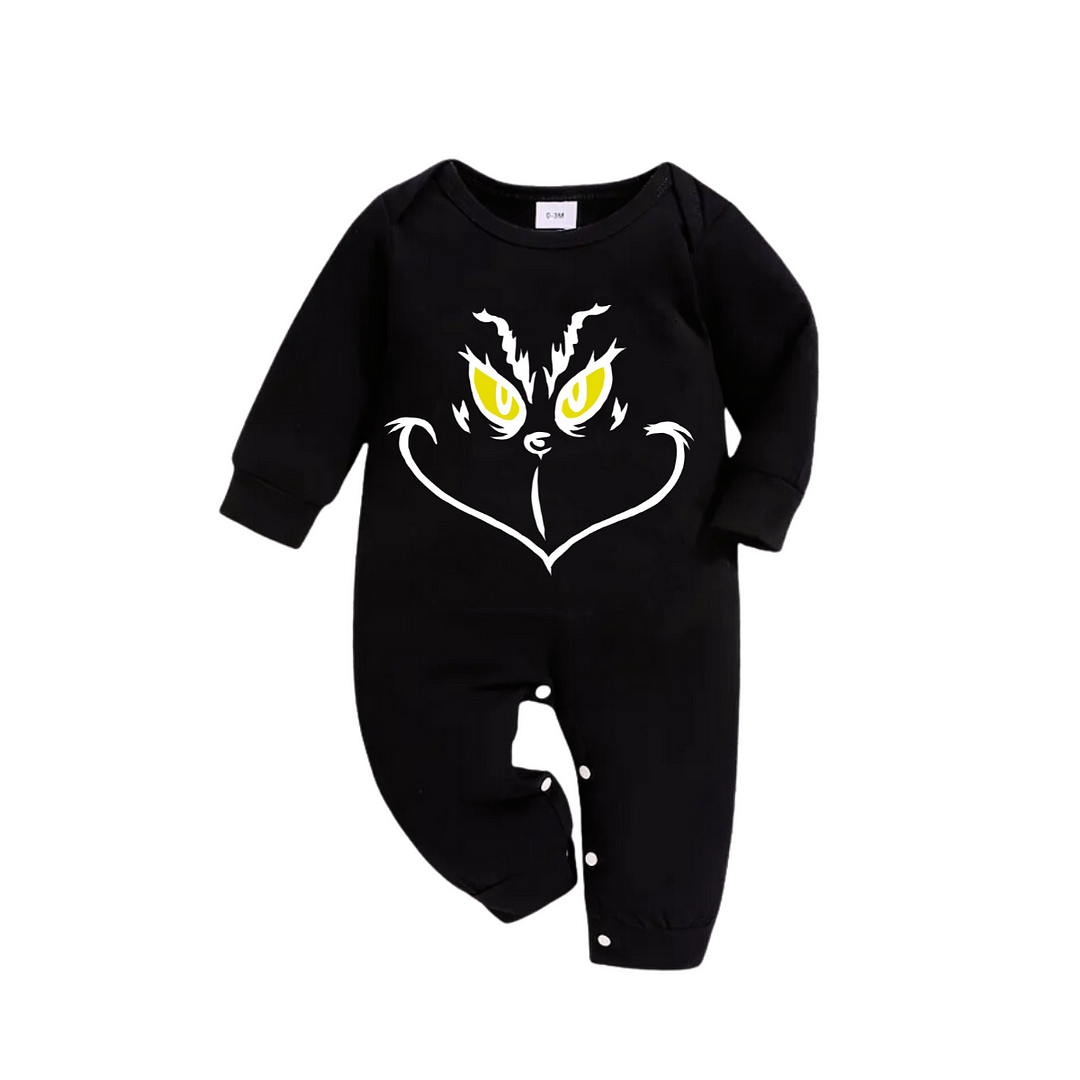 Christmas Cartoon Face Print Black Long Sleeve Top with Green and Black Plaid Family Matching Pajamas