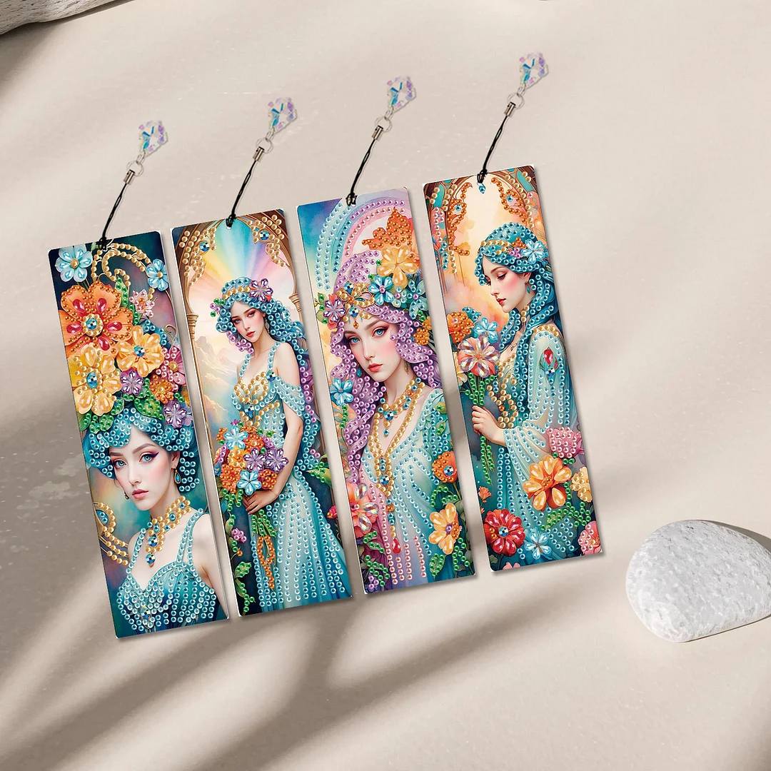 4Pcs Flower Beauty DIY Diamond Bookmark Art Projects Irregular Shaped Diamonds Diamond Painting Art Bookmarks with Crystal Pendants for DIY Making Beginners Adult Art Craft Supplies