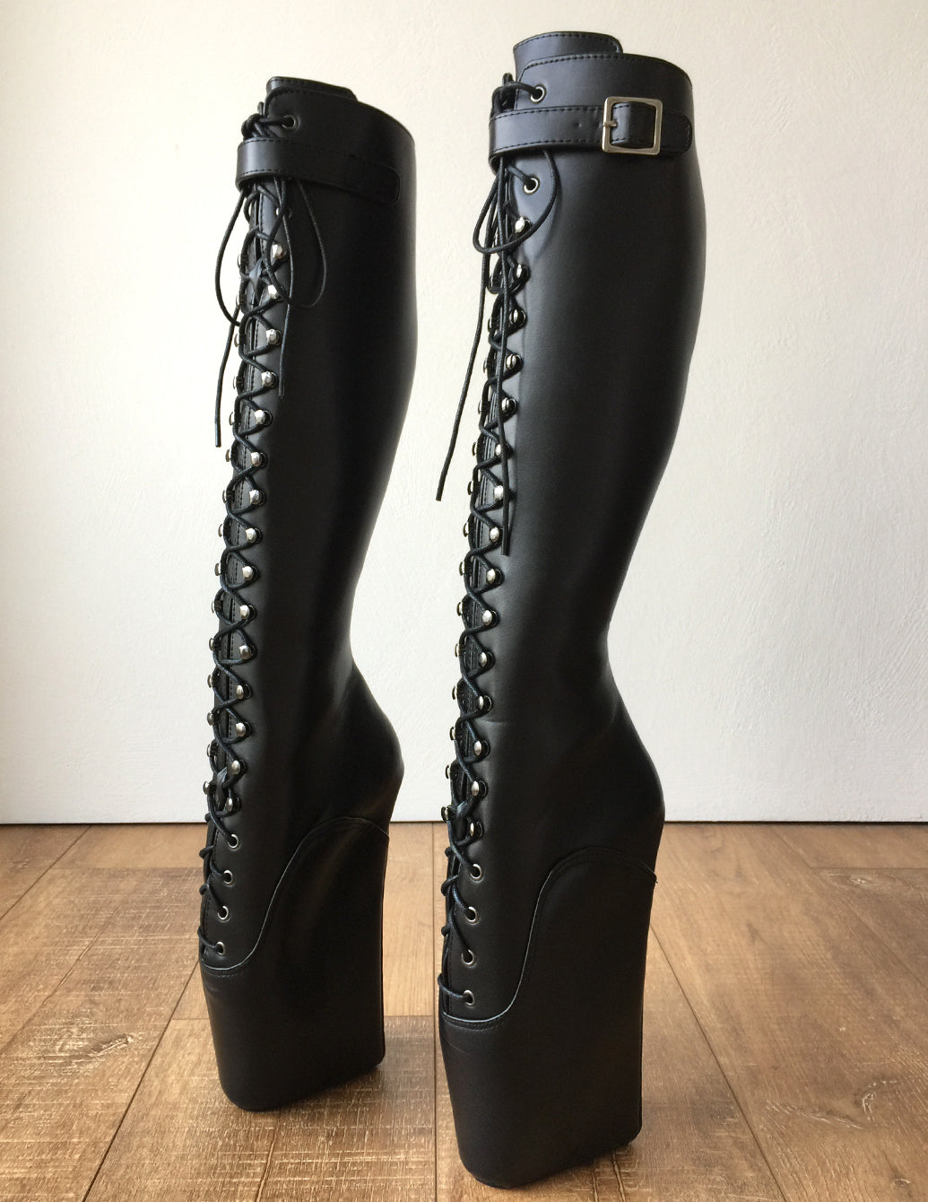 TAAFO JASON Ballet Wedge Laceup Knee Hi Boots Hoof Strap Fetish Dominatrix Black Patent