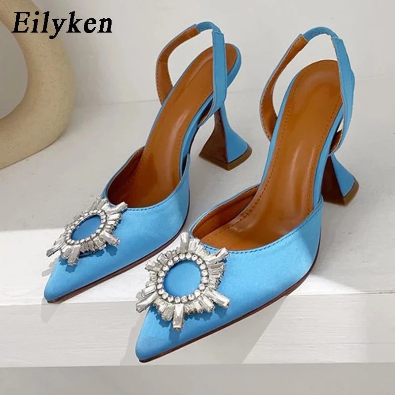 Eilyken Rose Red Women Pumps Silk Satin Pointed Toe Rhinestone Crystal High Heels Woman Wedding Dress Pumps On Cup Heeled Mules
