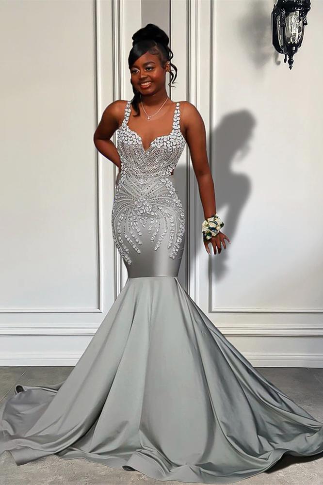 Elegant Silver Mermaid Beaded Straps Prom Dress With Appliques | Ballbellas Ballbellas