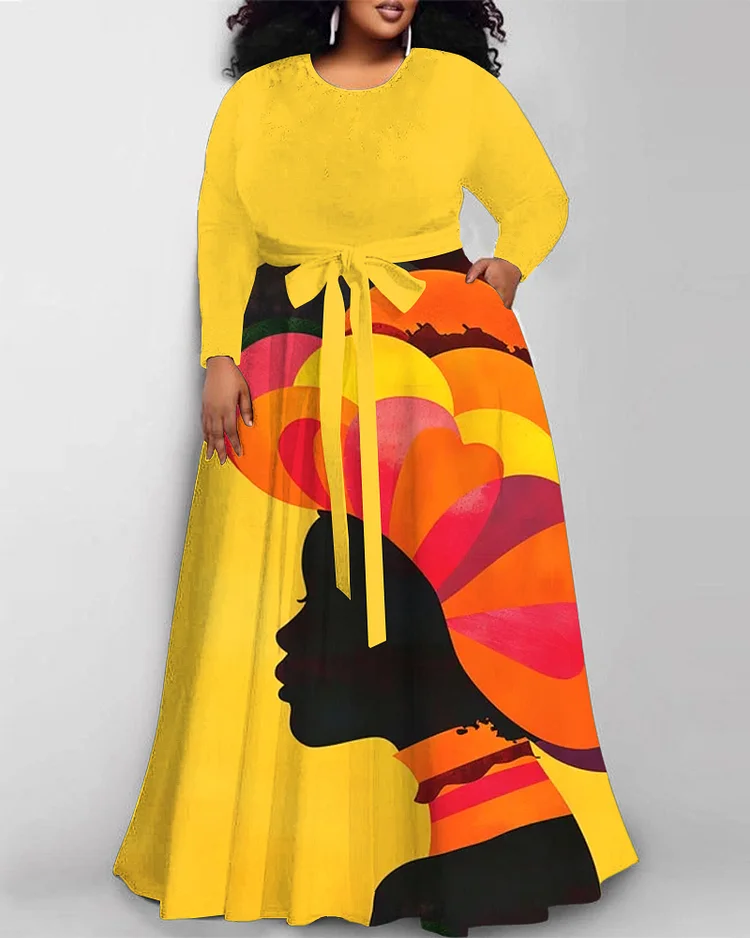 Retro Abstract Art Printt Long Sleeve Round Neck Maxi Dress