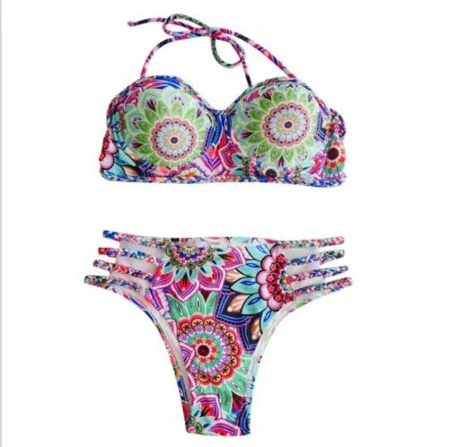 Women High Waist Bikini Set Bandage Floral Beach Swimwear Swimsuit Ladies Bathing Suit Swimming Suit
