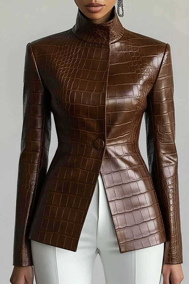 Plus Size Business Casual Black Crocodile Embossed Mock Neck Long Sleeve Casual PU Leather Jacket 2024 - Xpluswear