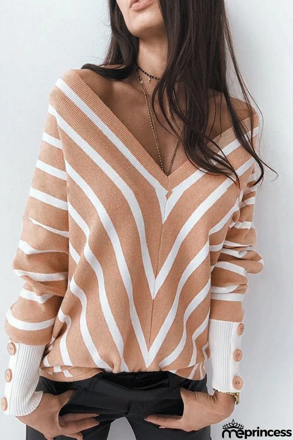 Khaki V Neck Popper Cuff Striped Casual Sweater