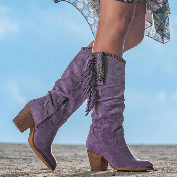 Sale\Brown  UK4(37)\Purple  UK4.5(38)\Fashion Thick Heel Frosted High-Tube Fringed Women's Boots  Stunahome.com