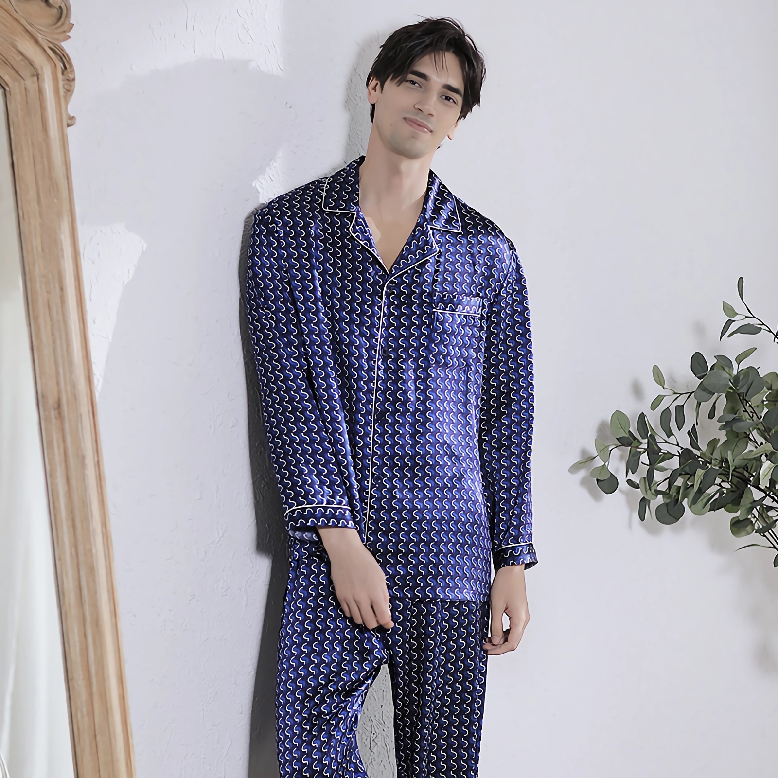 25 Momme Blue Long Sleeve Silk Pajamas For Men REAL SILK LIFE