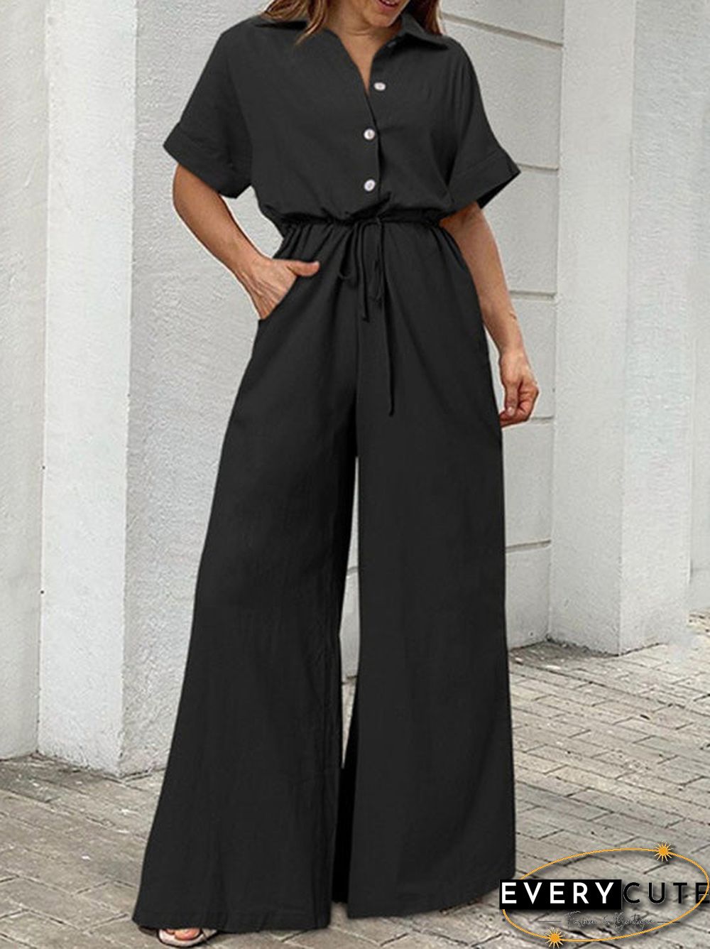 Women'S Jumpsuits Lapel Button Short Sleeve Belted Wide Leg Jumpsuit