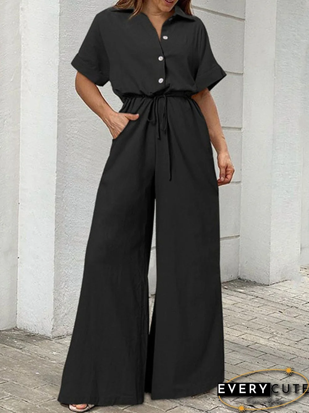 Women'S Jumpsuits Lapel Button Short Sleeve Belted Wide Leg Jumpsuit