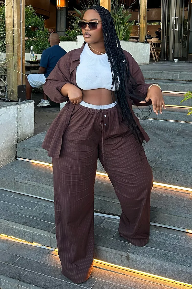 Pinstriped Long Sleeve Blouse Straight Leg Pants 2pcs Set-Brown