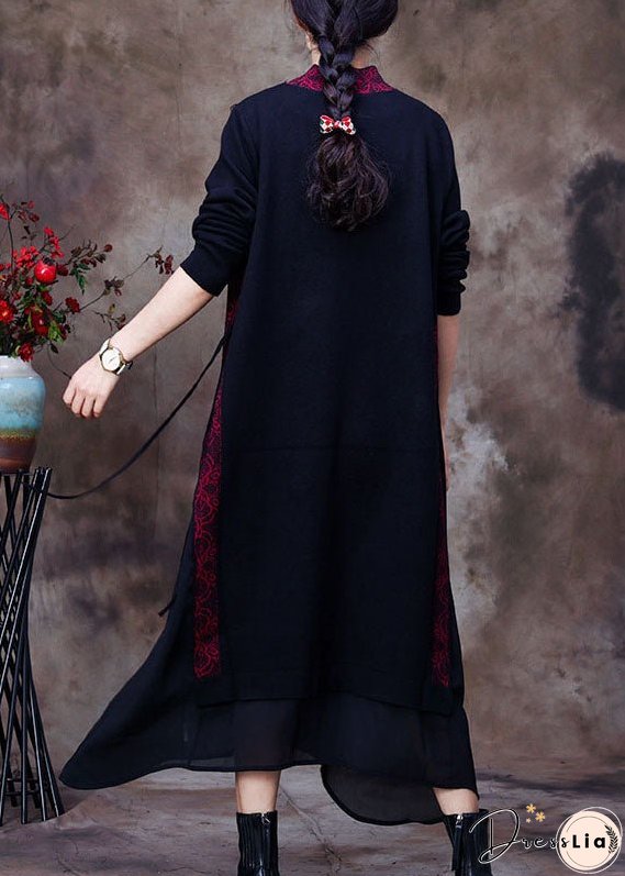 Women Purple black O-Neck side open tulle Patchwork Knit Dresses Spring
