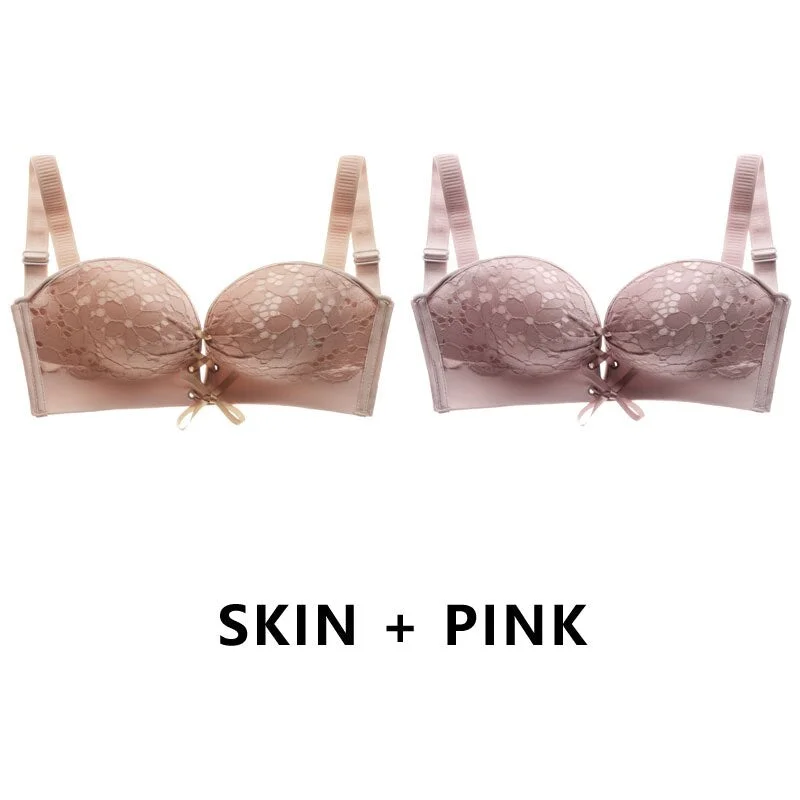 Meet'r 2 PCS/Set Sexy Women Strapless Bra Temptation Super Push Up Invisible Bralette Small Breast Lace Brassiere Lingerie Tops