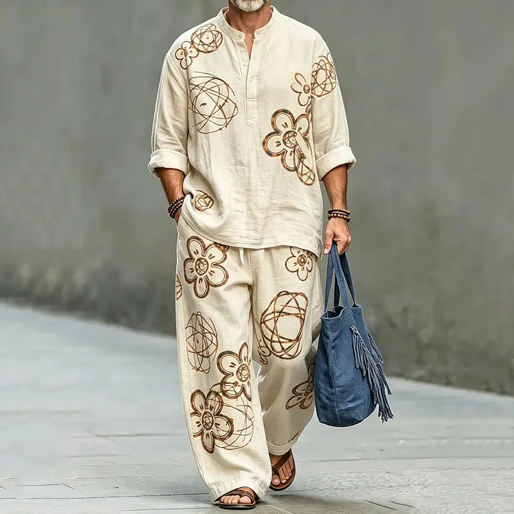 Men's Vintage Japanese Floral Art Shirt And Pants Two Piece Set