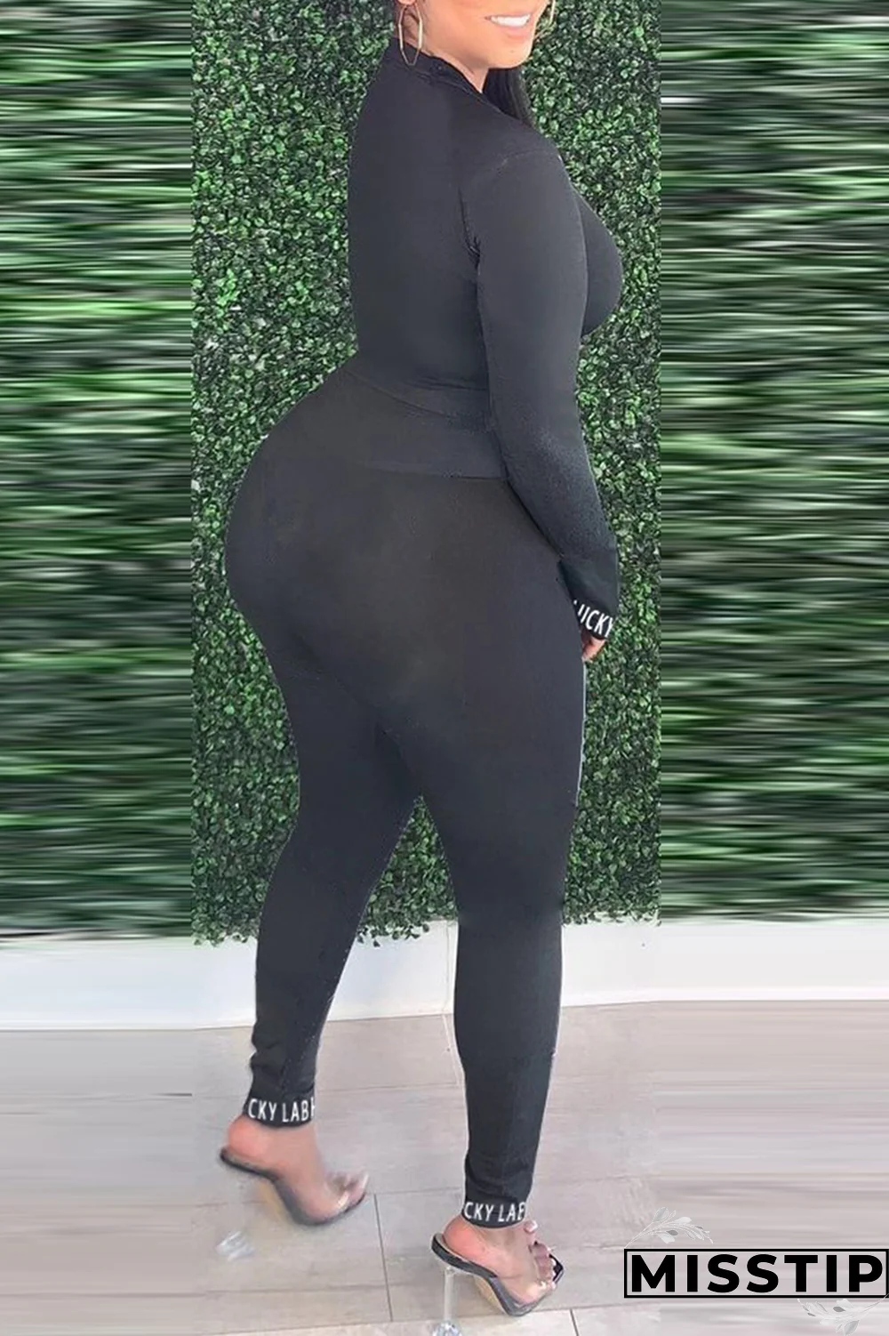 Black Casual Print Patchwork Letter O Neck Long Sleeve Two Pieces