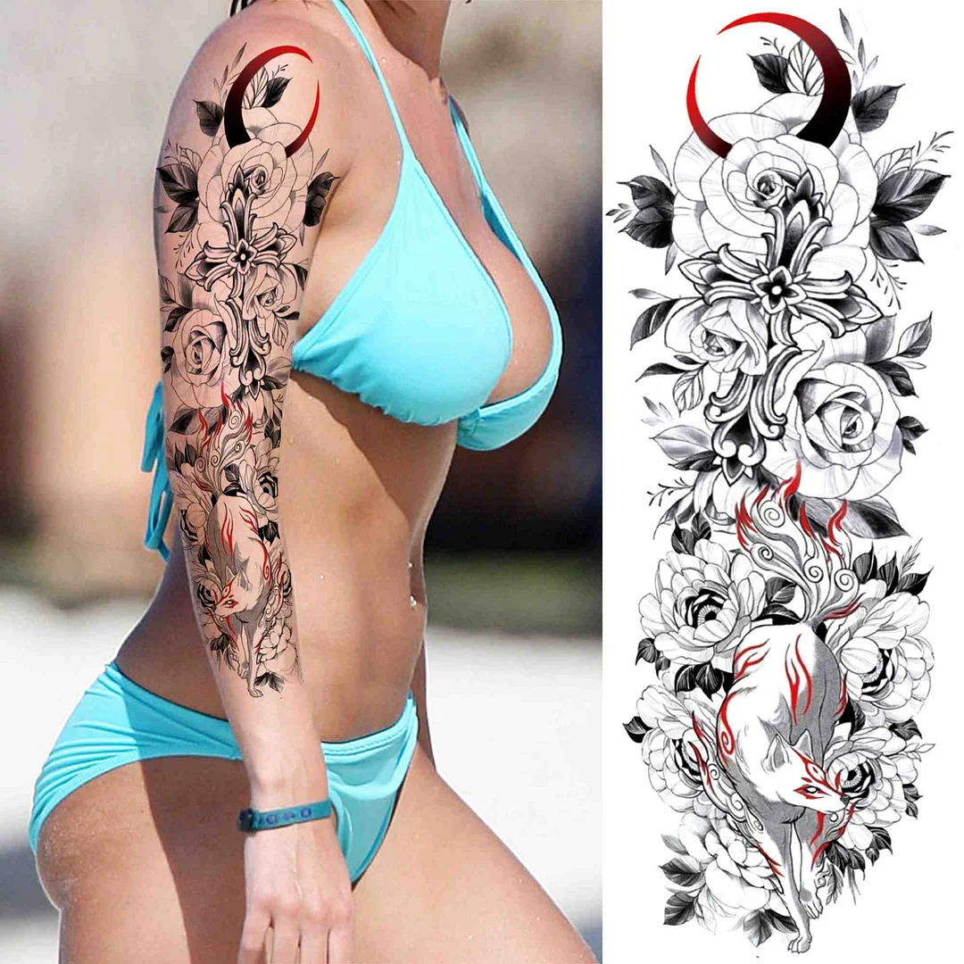 Sexy Wolf Full Flower Arm Temporary Tattoo Stickers For Men Body Art Sleeve Tattoo Decals Girl Women Waterproof Tatoo Fox Legs