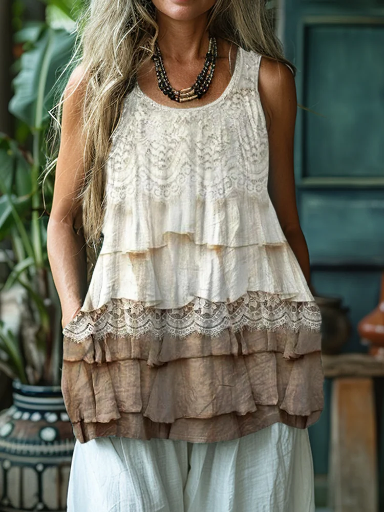 Vintage Floral Lace Layered Flowy Linen Tank Top