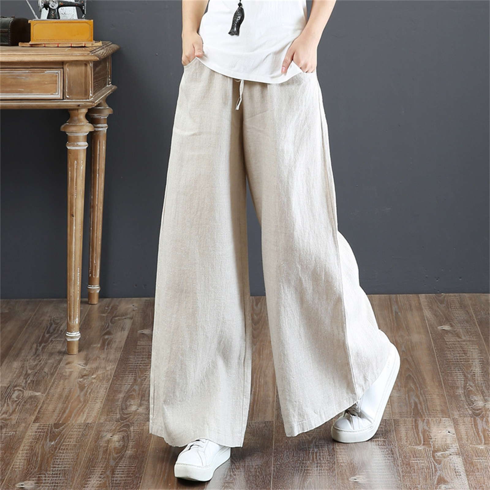Women Summer Wide Leg Pants Casual High Waisted Knitted Formal Pants Elegant Loose Cotton Linen Pocket Female Trousers