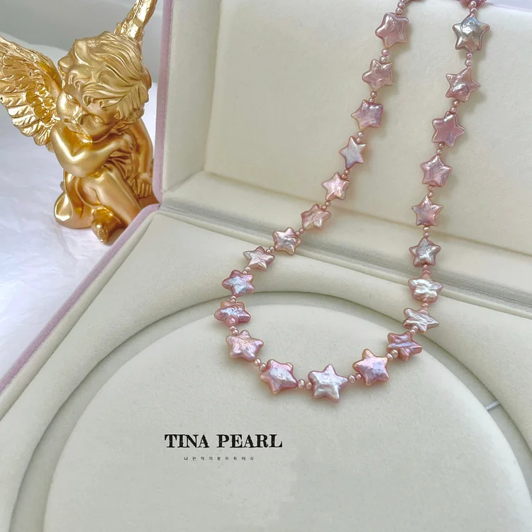 TINA Jewelry Pink gloss five-pointed star shape freshwater pearl necklace  dhl free shipping 