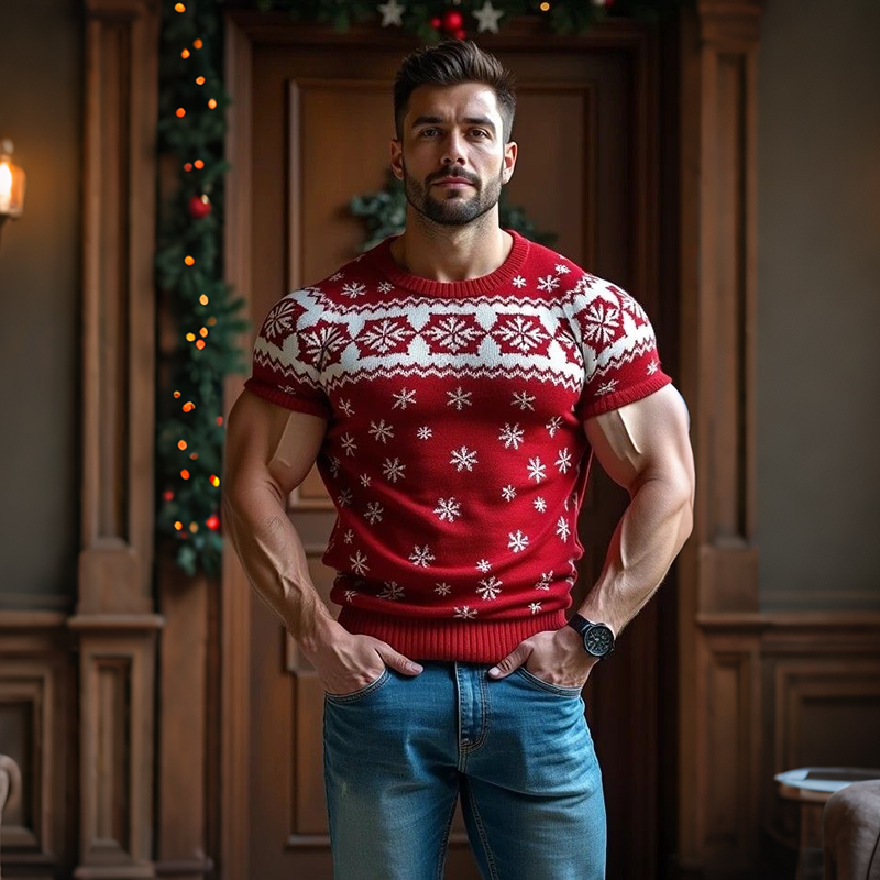 Men's Vintage Christmas Jacquard Icelandic Art Cozy Knit Short Sleeve Sweater elevenforest