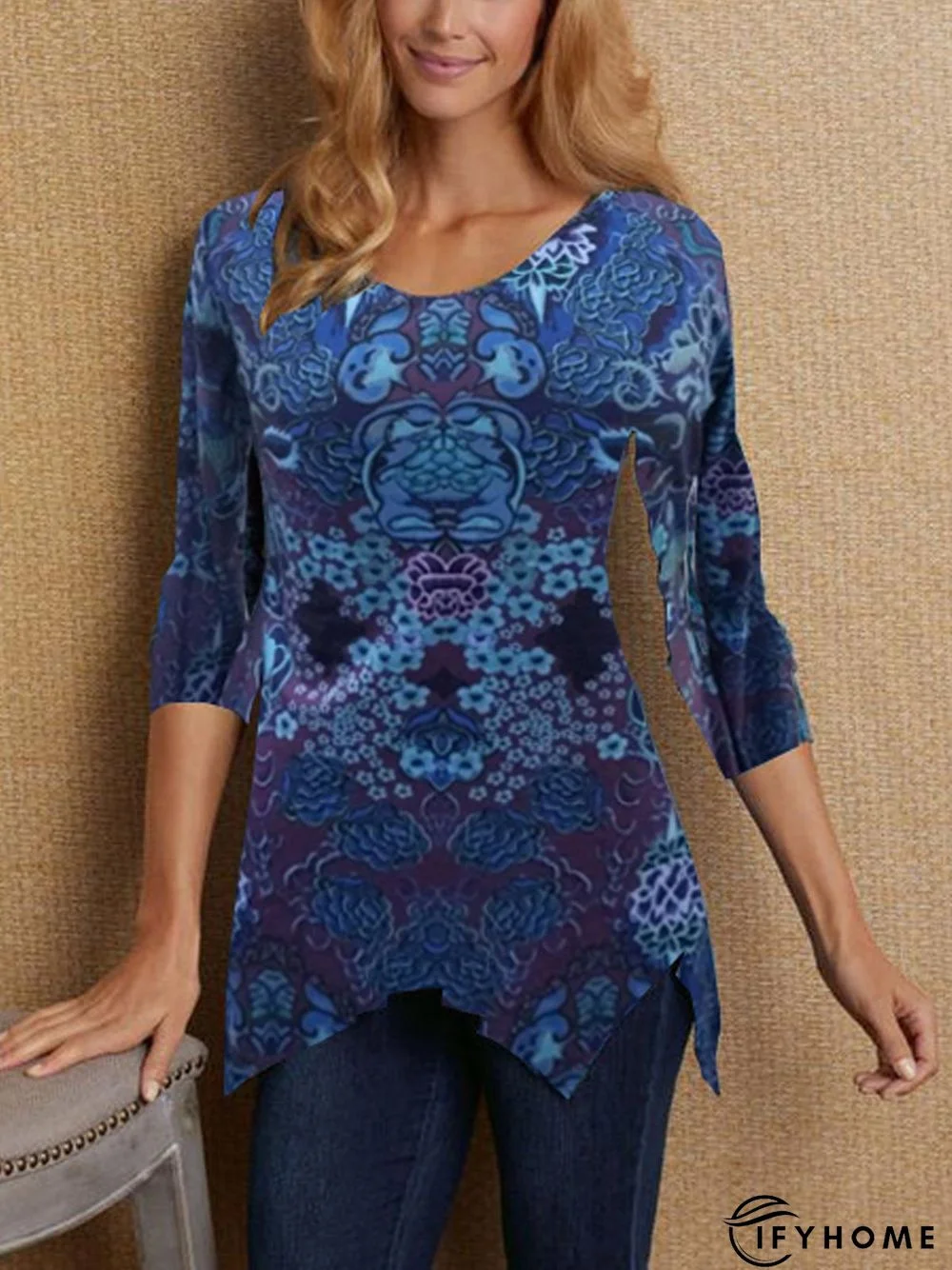 Abstract Crew Neck Vintage Printed Blouse | IFYHOME