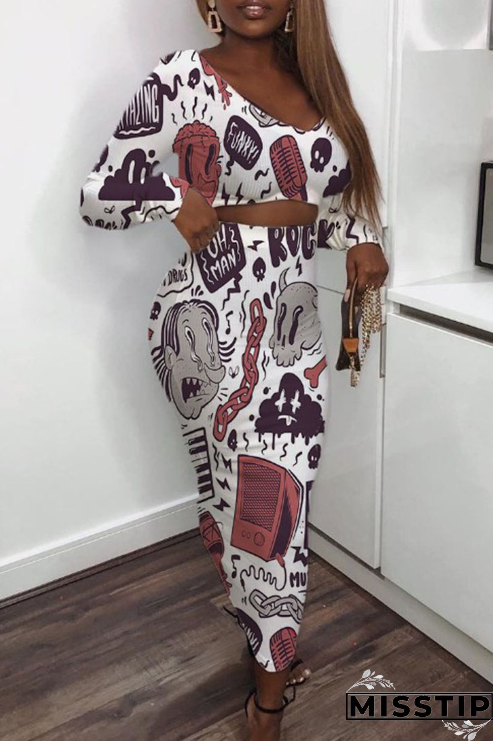 Pink Gray Casual Print Patchwork V Neck Long Sleeve Two Pieces
