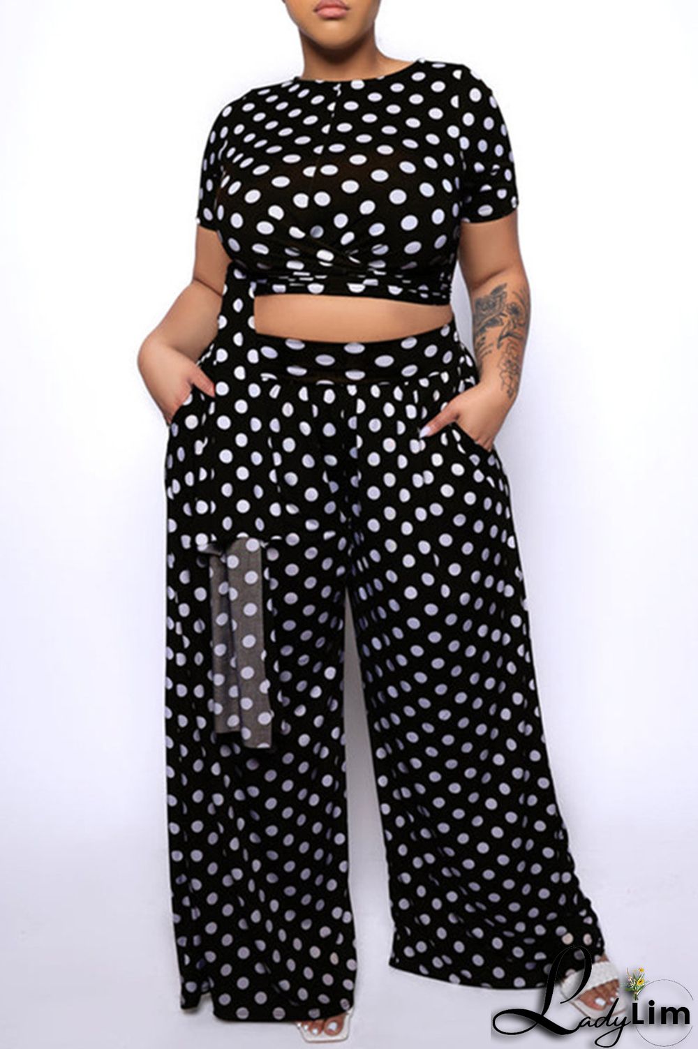 White Fashion Casual Dot Print Bandage O Neck Plus Size Two Pieces