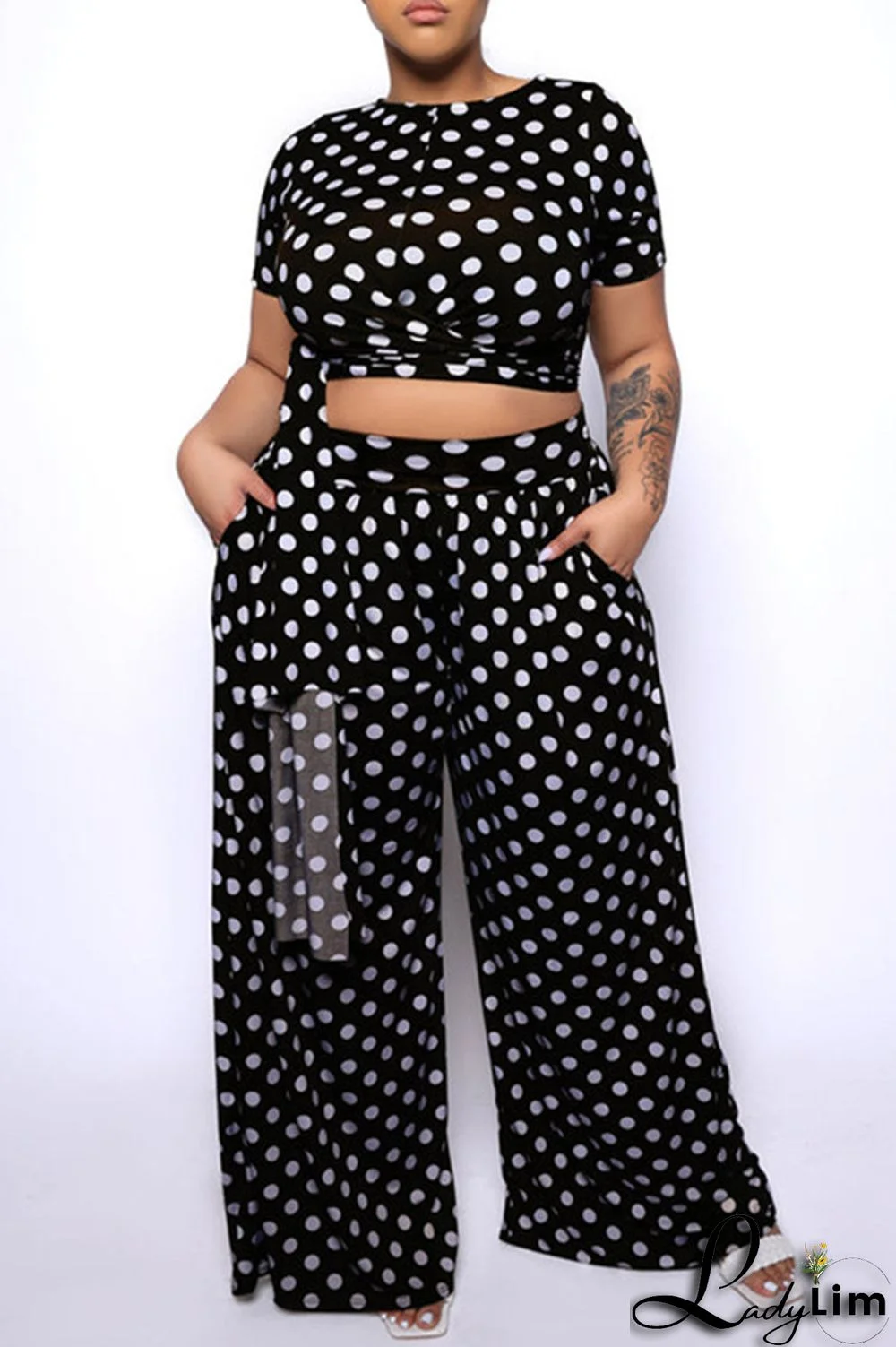 White Fashion Casual Dot Print Bandage O Neck Plus Size Two Pieces