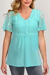 Plus Size Lace Stitching V Neck Solid Blouses