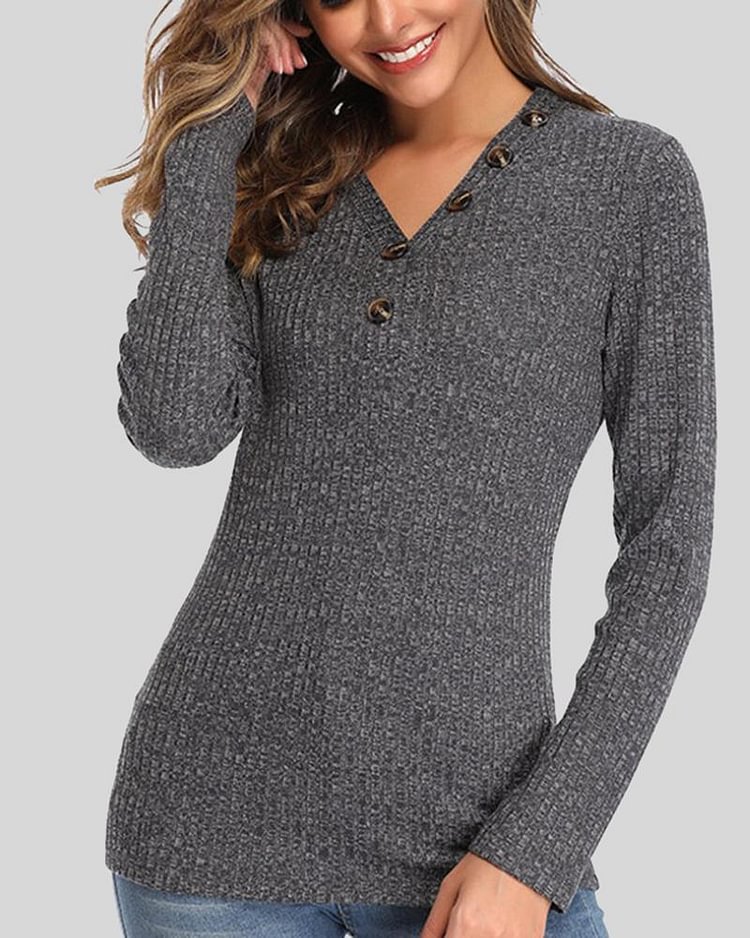 Button Decor Rib-knit Form Fitting Sweater - Shop Trendy Women's Clothing | LoverChic