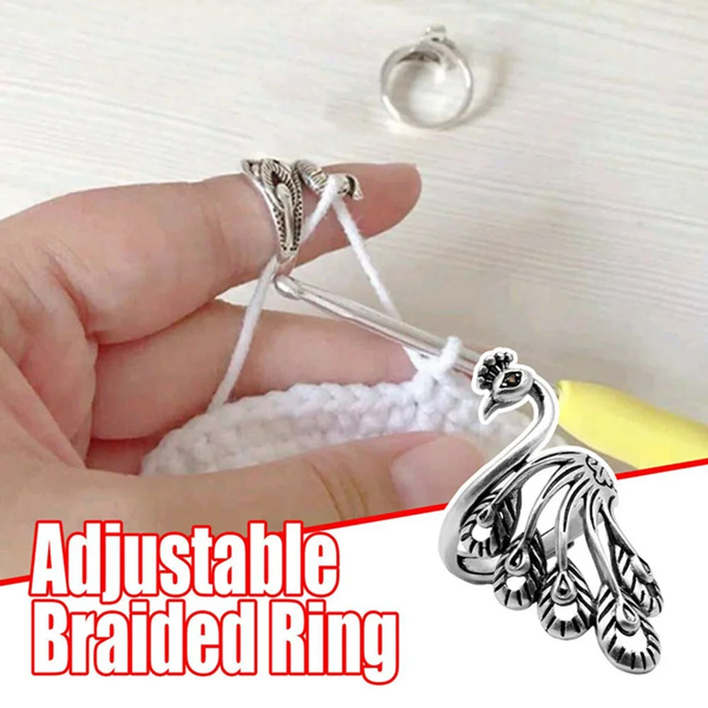 Women Vintage Alloy Ring Adjustable Thimble Crochet Loop (Silver Peafowl)