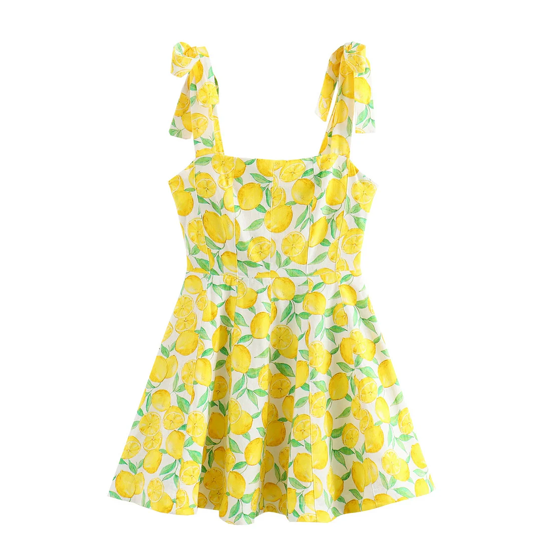 Woman Fruit Print Slip Tied Sleeveless Summer Yellow Backless Mini Dress