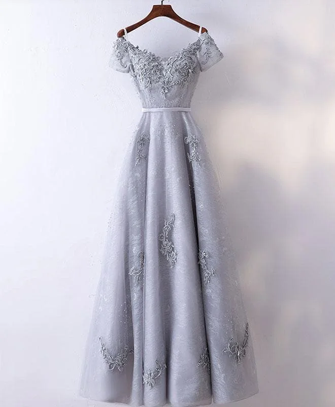 Gray V Neck Lace Tulle Long Prom Dress Gray Evening Dress