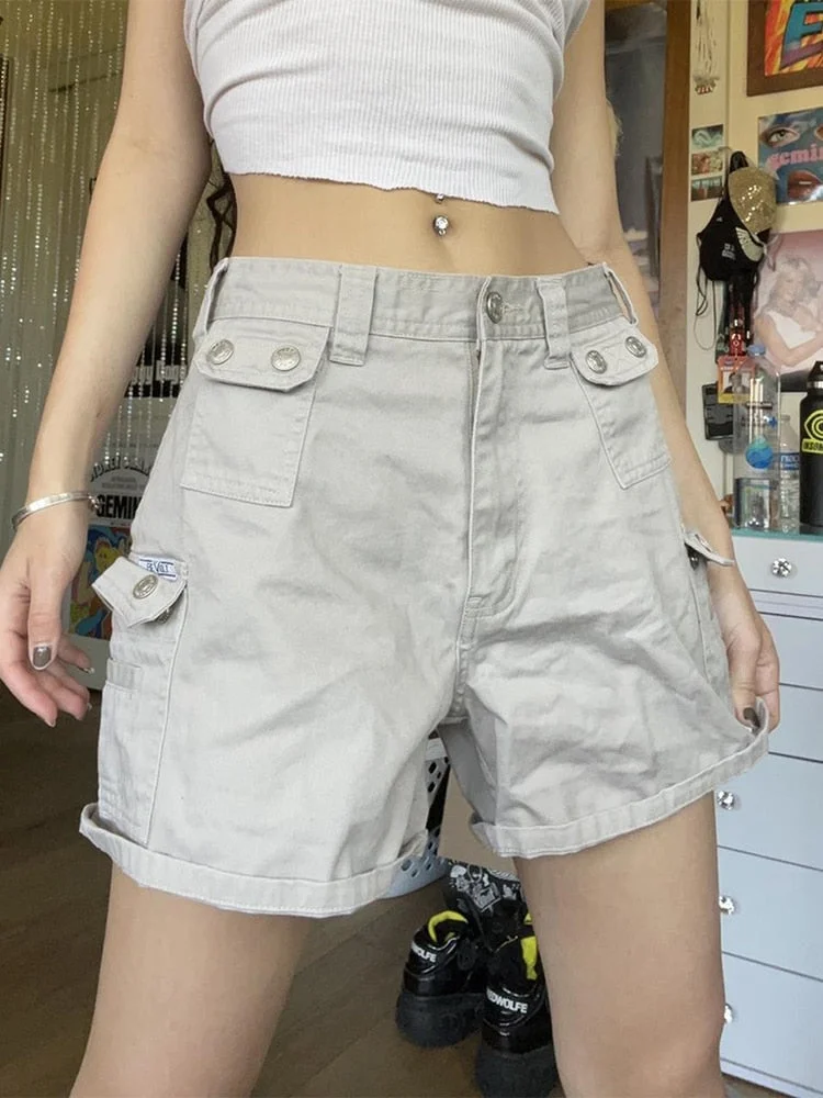 Jacuqeline Summer Low Waist Casual Harajuku Women's Shorts 2022 Asymmetri Pocket American Workwear Button Short Pants Street Y2K