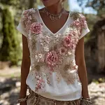 Vintage Boho Roses Embroidered Lace Comfy Linen T Shirt - Image 2