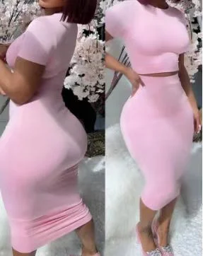 Wongn Wongn Round Neck Short Sleeve Show Waist Sexy T-Shirt Wrapped Buttock Skirt Set