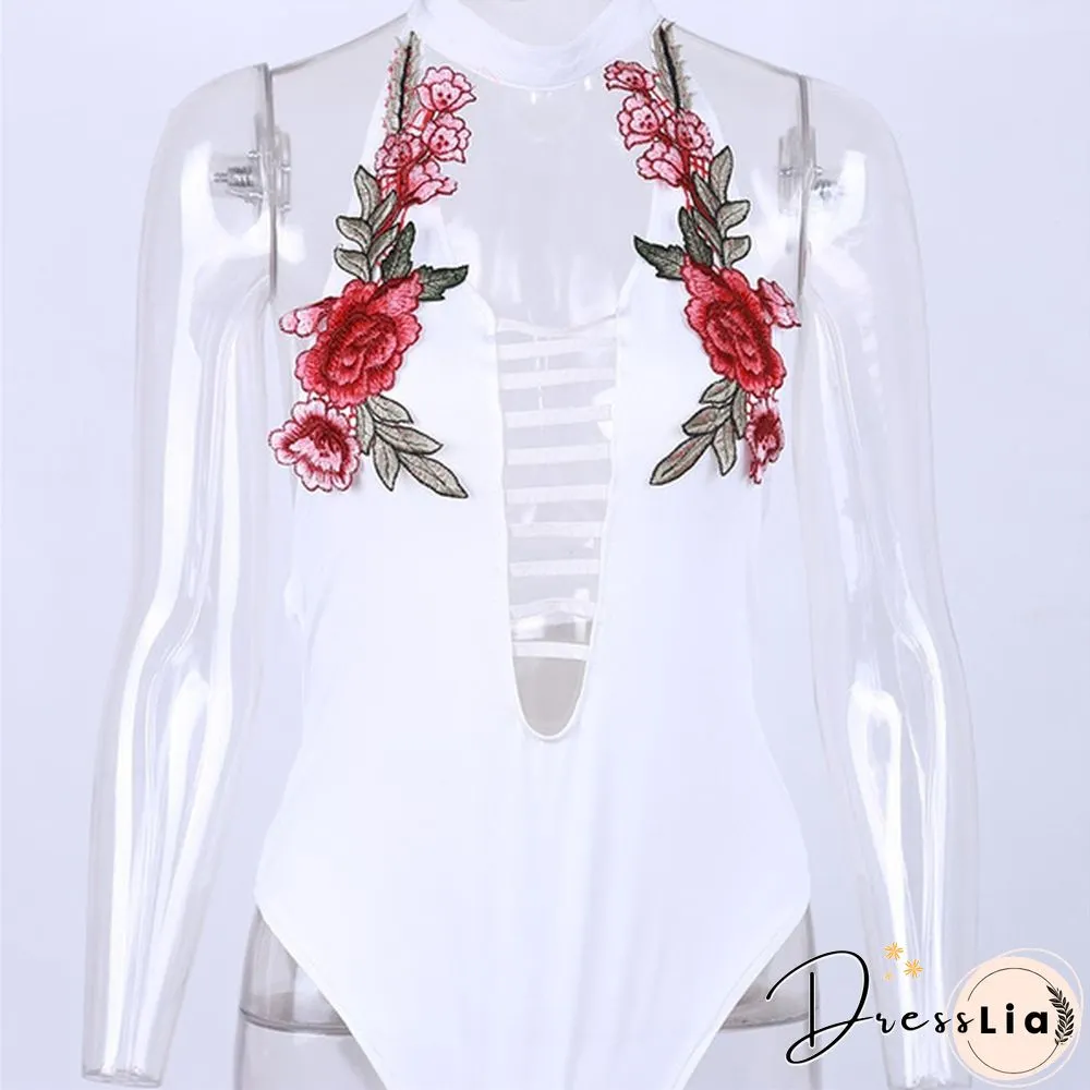 Women's Rose Embroidery Backless Bodysuit High Waist Sexy Rompers