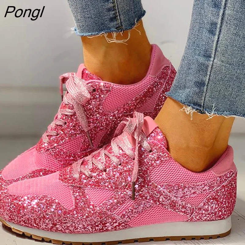 Pongl Flat Glitter Sneakers Casual Female Mesh Lace Up Bling Platform Comfortable Plus Size Vulcanized Shoes 2023 Soft Knitting 305-0