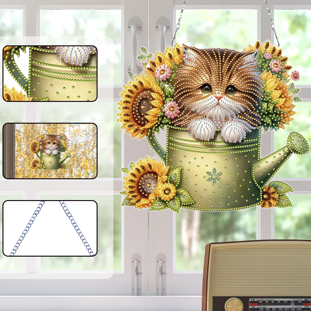 2D Flat DIY Diamond Art Pendant Window Hanging Art for Home Decor (Kettle Cat)