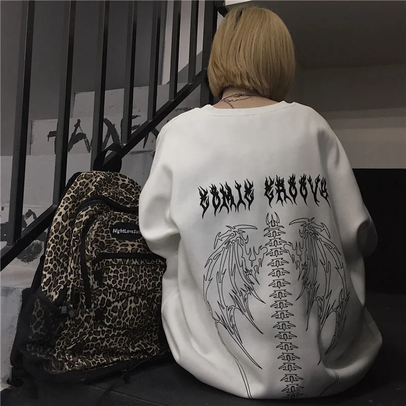 Streetwear Oversized Sweatshirts Women Gothic Printed Black Couple Hoodies Hip Hop Cool O-neck Autumn Men's Pullovers Tops