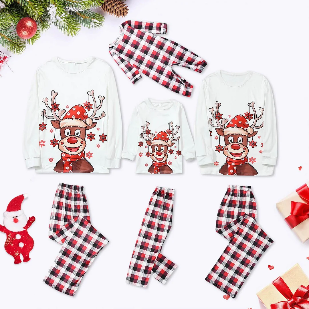 Family Matching Lovely Reindeer Wearing Christmas Hat Buffalo Plaid Pajamas Sets