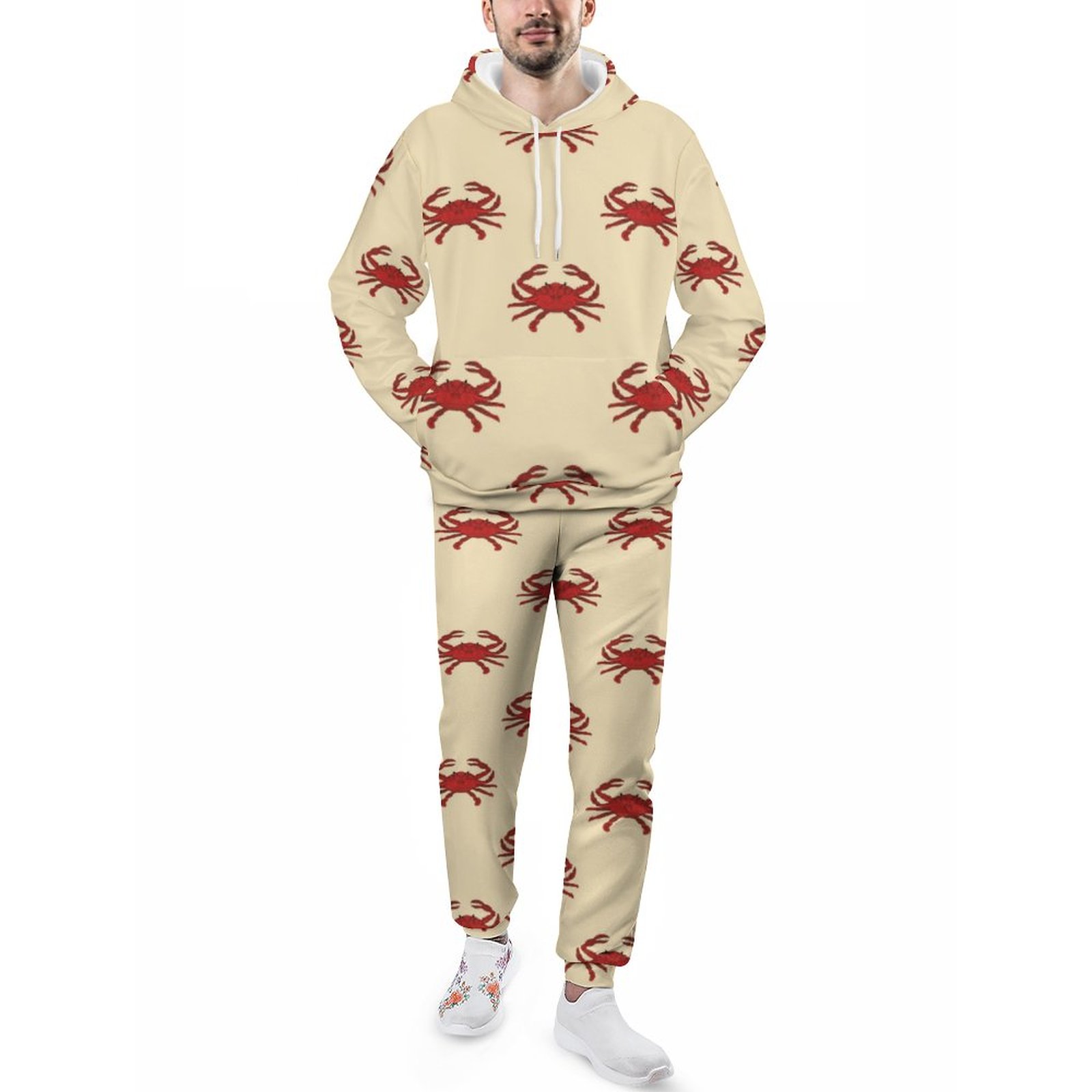 Nautical Crab Red Cream Illustration Men's Tracksuit 2 Piece Hoodie Sweatsuit Sets Guys Casual Jogging Athletic Suits