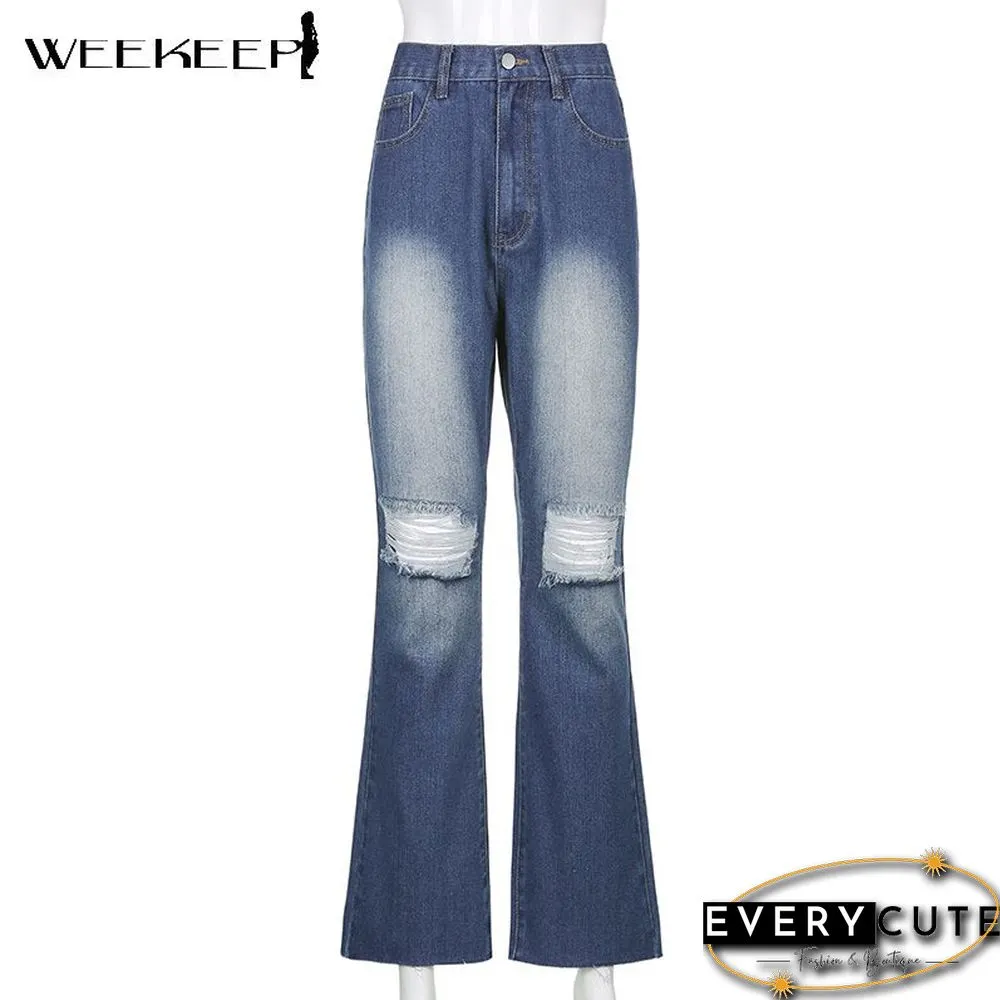 Weekeep Streetwear Heart Holes Cut Out Jeans Women High Waist Slim Long Denim Pencil Pants Summer Vintage Harajuku Blue Trousers