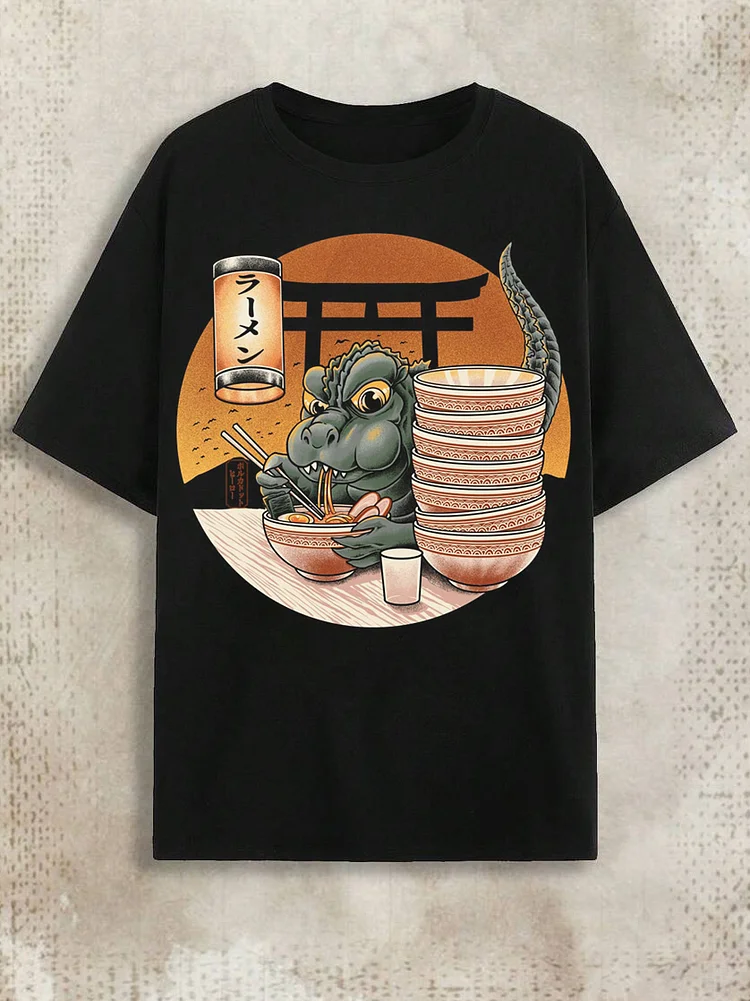 Men's Cartoon Art Monster Eating Ramen Print Cotton Casual T-Shirt