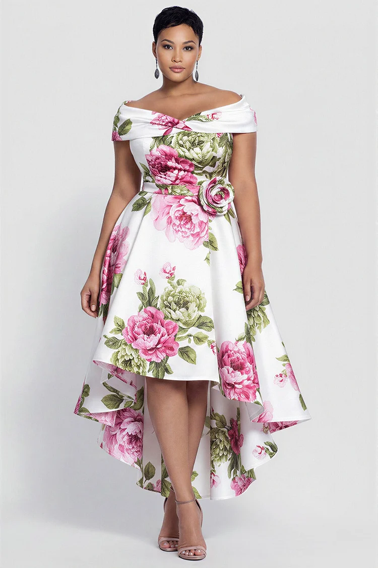 Xpluswear Design Plus Size Cocktail Party Elegant White Floral Off The Shoulder Short Sleeve High Low Hem Satin Midi Dresses [Pre-Order] 2024 - Xpluswear