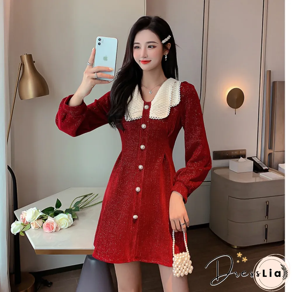 Luxury French Corduroy Mini Dress Womens Elegant Pearl Button Party Evening Classic Black